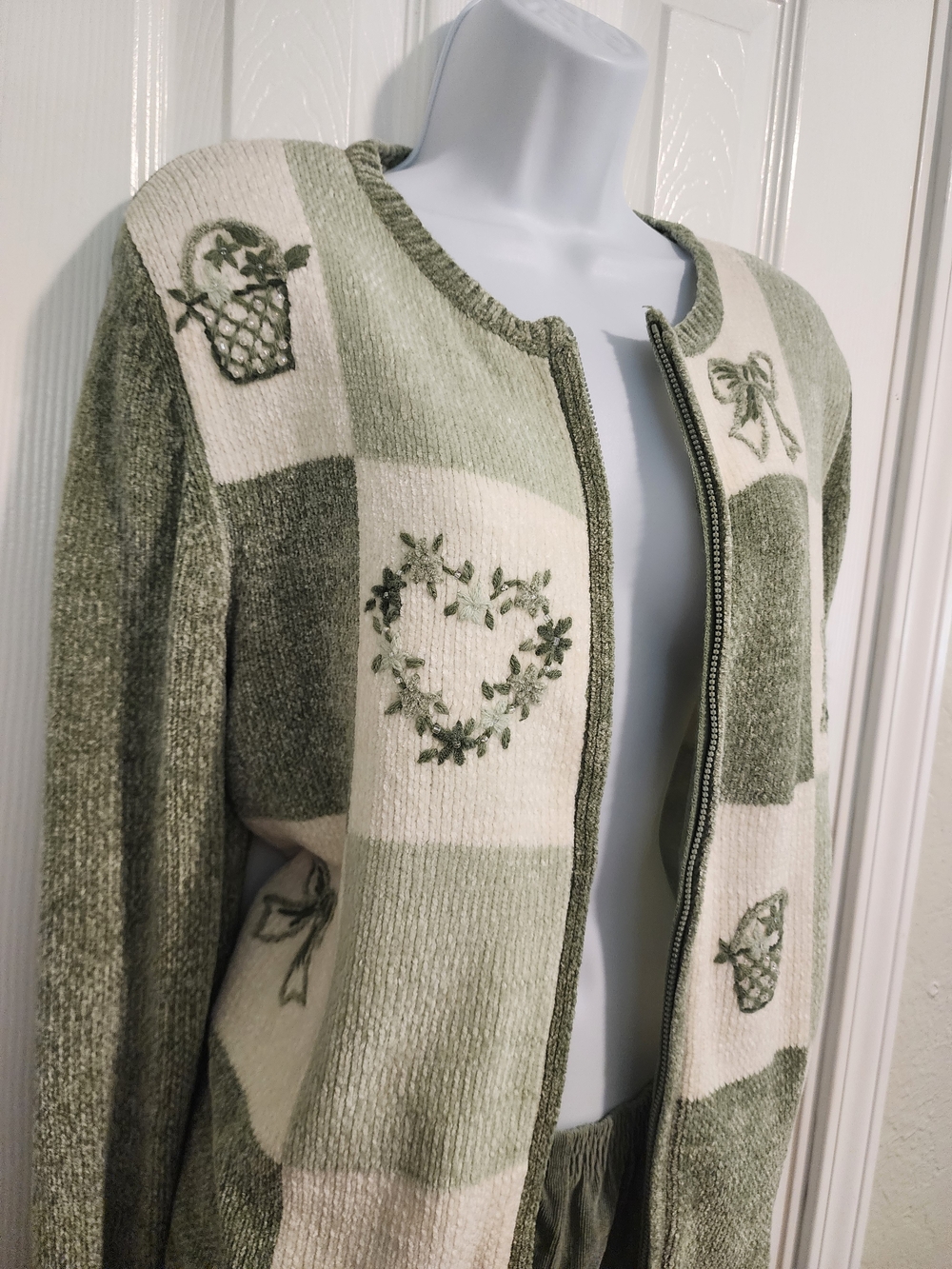 Alfred Dunner Olive/Cream Embroidered Checker Cardigan Sweater And Pants Set
